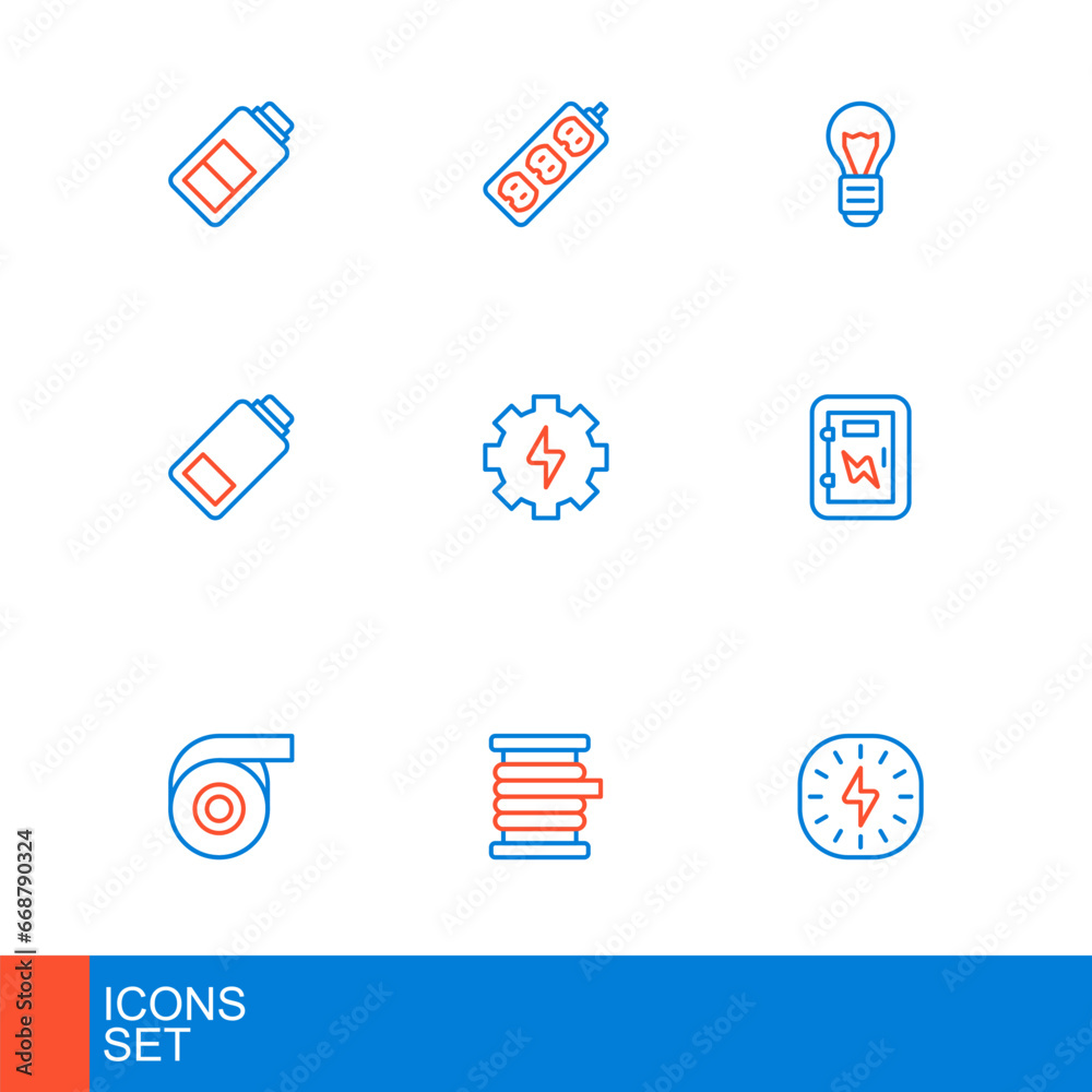 Set line Lightning bolt, Wire electric cable on reel, Roll adhesive tape, Electrical panel, Battery charge, Gear and lightning, Creative lamp idea and extension icon. Vector