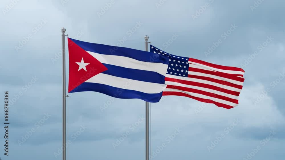 USA and Cuba flag waving together on cloudy sky, endless seamless loop, two country cooperation concept USA and Cuba flag waving together on cloudy sky, endless seamless loop, two country cooperation concept