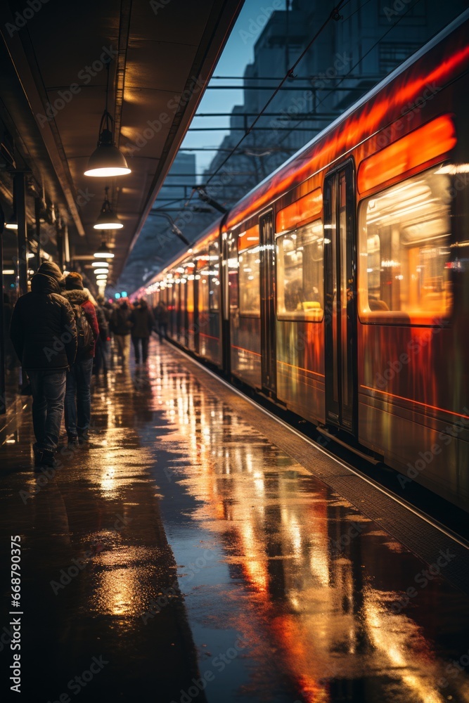 Subway station with passengers on a rainy day Subway station with passengers on a rainy day