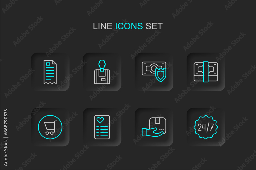 Set line Clock 24 hours, Delivery hand with box, Shopping list, cart, Stacks paper money cash, Money shield, Seller and Financial check icon. Vector