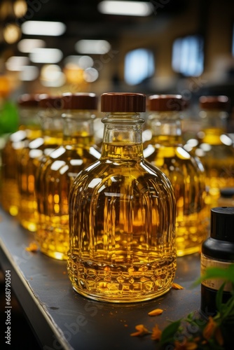 Bottles of sunflower oils on a production line