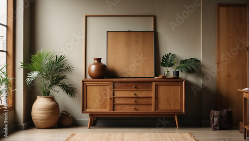 A rustic wooden cabinet stands next to a wall with an empty picture frame for your content. This is part of the interior design in a contemporary living room