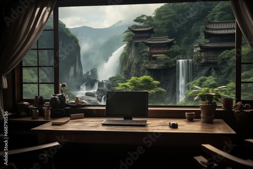 person working on laptop in hotel room,chinese temple in the morning