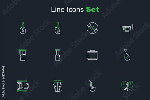 Set line Conga drums, Saxophone, African darbuka, Xylophone, Bandura, Guitar amplifier, djembe and percussion icon. Vector