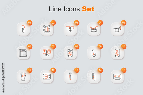 Set line Retro audio cassette tape, Keytar, Clarinet, Vinyl player with vinyl disk, Guitar neck, Stereo speaker, Bandura and icon. Vector