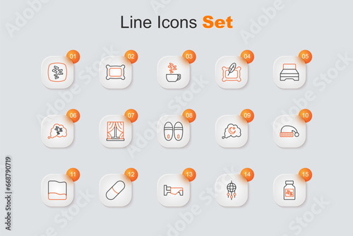 Set line Sleeping pill, Dream catcher with feathers, Bed, Pillow, hat, Dreams and Slippers icon. Vector