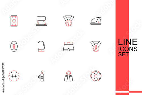 Set line Soccer football ball, Sport expander, Golf bag with clubs, Basketball, Medal, Boxing short, glove and American Football icon. Vector