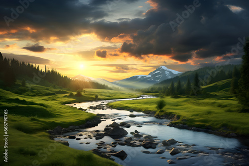 Landscape view of a beautiful panoramic sunset cinematic style with mountains  clouds and lake