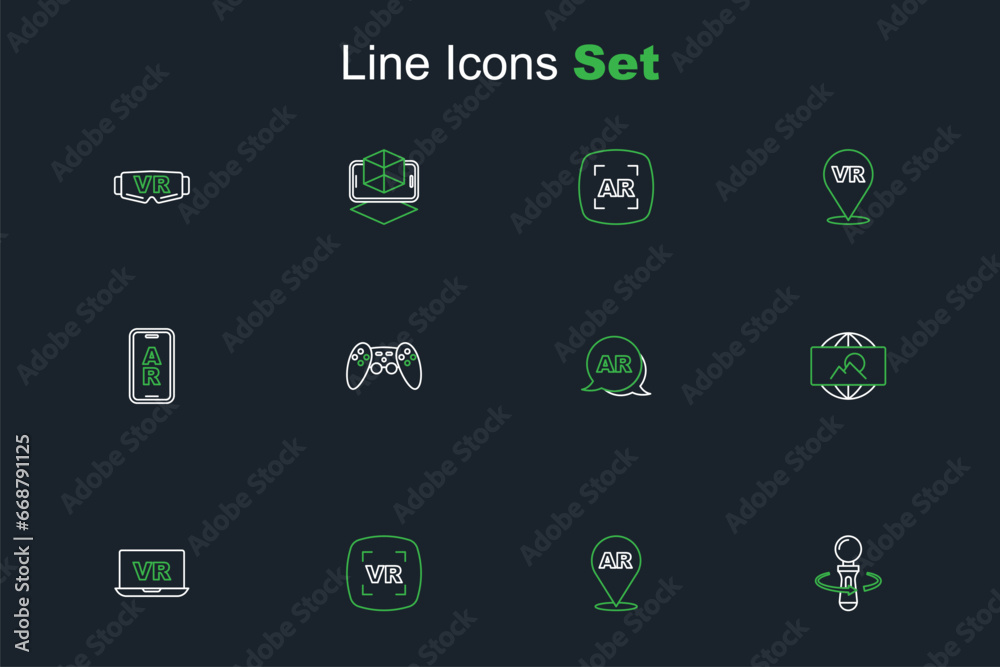 Set line VR controller game, Augmented reality AR, Virtual, Wide angle picture, Gamepad and icon. Vector