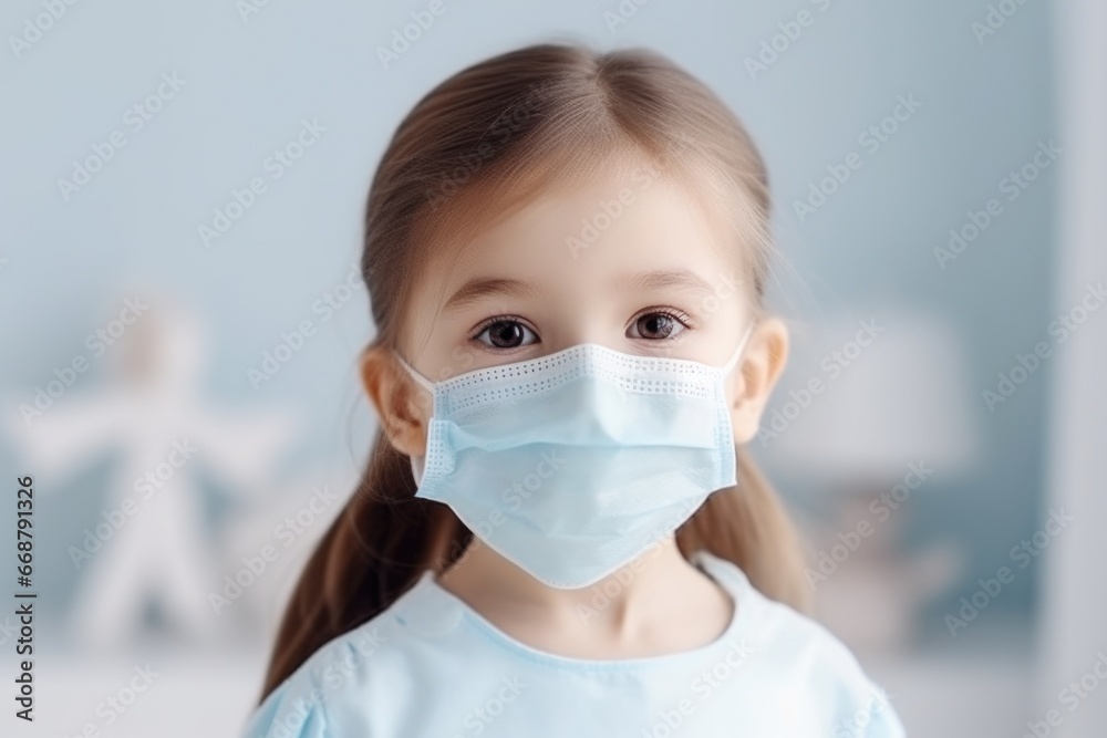 Photo of a child wearing a medical mask. Health concept, protection from bacteria and viruses Photo of a child wearing a medical mask. Health concept, protection from bacteria and viruses