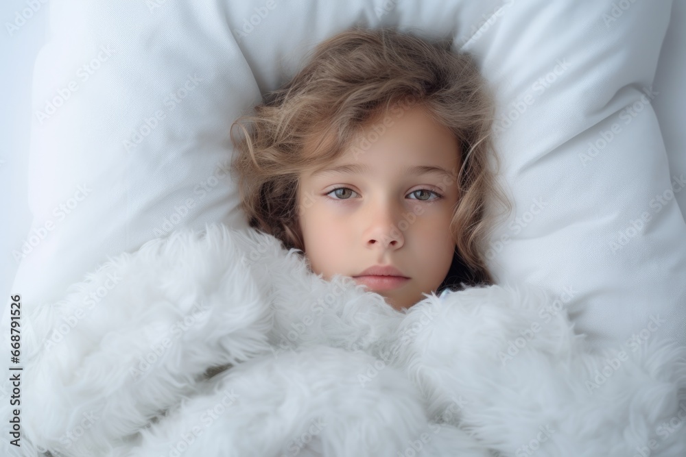 photo of a child at home in bed. Disease, epidemic, virus, light background