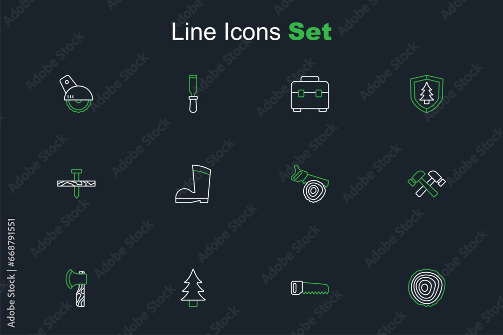Set line Tree rings, Hand saw, Wooden axe, Crossed hammer, log, Waterproof rubber boot and Metallic nail icon. Vector Set line Tree rings, Hand saw, Wooden axe, Crossed hammer, log, Waterproof rubber boot and Metallic nail icon. Vector