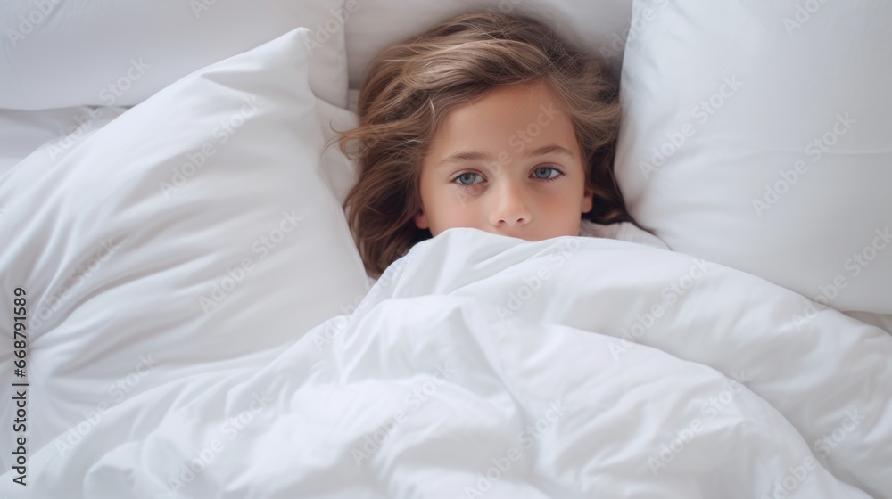 photo of a child at home in bed. Disease, epidemic, virus, light background photo of a child at home in bed. Disease, epidemic, virus, light background