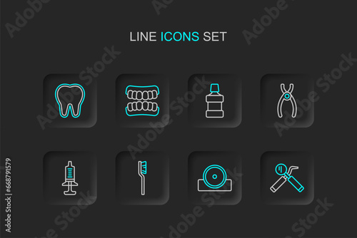 Set line Dental mirror and probe, Otolaryngological head reflector, Toothbrush, Syringe, pliers, Mouthwash, Dentures model and icon. Vector