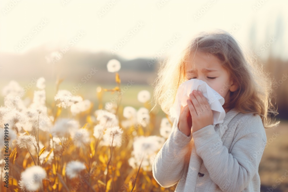 Photo of a sneezing child. Allergy, virus, cold - obrazy, fototapety, plakaty 