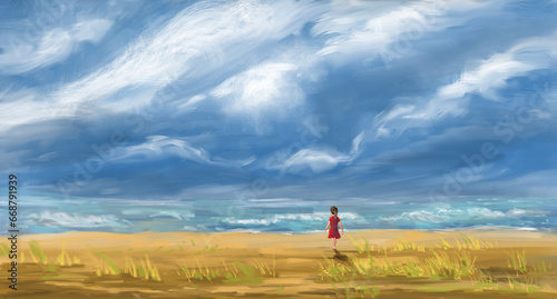 Small girl in red dress walking on sandy beach with sea and blue cloudy sky. Digital hand painted landscape background