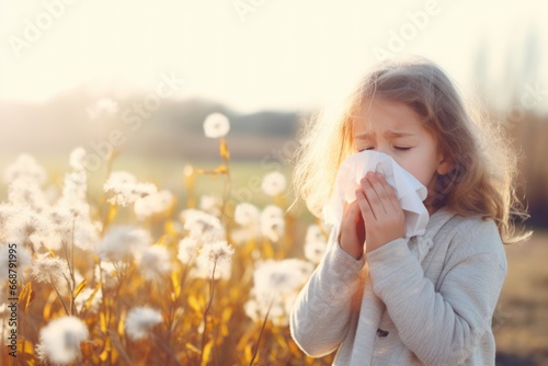 Photo of a sneezing child. Allergy, virus, cold photo
