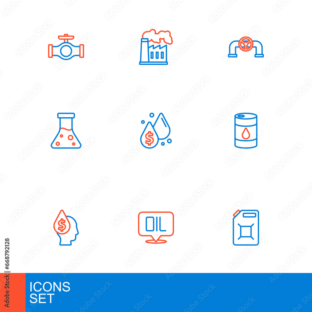 Set line Canister for gasoline, Word oil, Oil drop with dollar symbol, Barrel, petrol test tube, pipe valve and and industrial factory icon. Vector Set line Canister for gasoline, Word oil, Oil drop with dollar symbol, Barrel, petrol test tube, pipe valve and and industrial factory icon. Vector