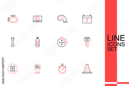 Set line Traffic cone, Alloy wheel for car, Racing helmet, Gear shifter, Car key with remote, brake disk caliper, Nitrous oxide and Wrench spanner icon. Vector