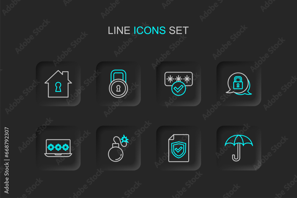 Set line Umbrella, Contract with shield, Bomb, Laptop password, Lock, Password protection, and House under icon. Vector Set line Umbrella, Contract with shield, Bomb, Laptop password, Lock, Password protection, and House under icon. Vector