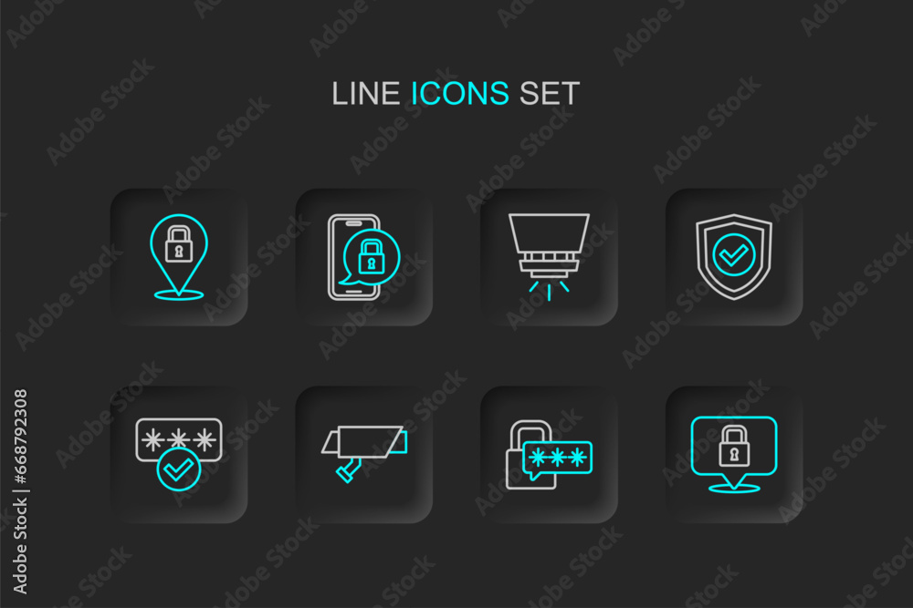 Set line Lock, Cyber security, Security camera, Password protection, Shield with check mark, Fire sprinkler system, Mobile closed padlock and icon. Vector Set line Lock, Cyber security, Security camera, Password protection, Shield with check mark, Fire sprinkler system, Mobile closed padlock and icon. Vector
