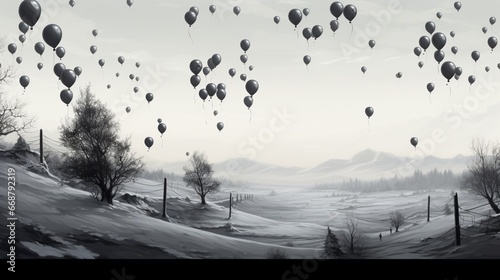 A monochromatic scene of black balloons contrasting with the purity of a snow-covered landscape. © Khan