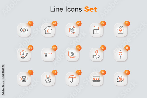 Set line Lock, Laptop with password, Umbrella, Security keypad access panel, Key, and icon. Vector