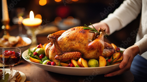  dinner with turkey chicken roast and a food on table on thanksgiving day, enjoy eating and chatting