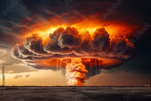 Nuclear explosion, stormy sky, shock wave against the background of a nuclear mushroom