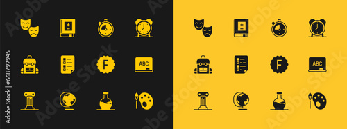 Set Alarm clock, Earth globe, Exam paper with incorrect answers, Test tube, Clipboard checklist, Stopwatch, Comedy and tragedy masks and Book mathematics icon. Vector