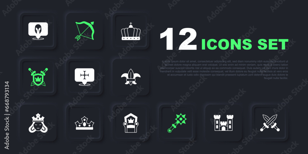 Set Castle, Crossed medieval sword, Crusade, Mace with spikes, Shield swords, King crown, Medieval bow and arrow and throne icon. Vector Set Castle, Crossed medieval sword, Crusade, Mace with spikes, Shield swords, King crown, Medieval bow and arrow and throne icon. Vector