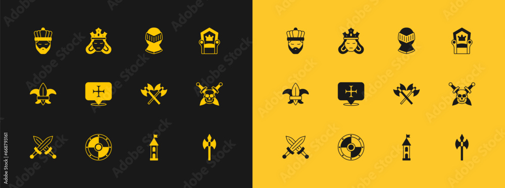 Set Medieval throne, Round shield, Crossed medieval axes, Castle tower, Crusade, helmet, King with crown and Princess or queen icon. Vector - obrazy, fototapety, plakaty 