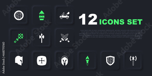 Set Shield, Medieval poleaxe, Torch flame, Mace with spikes, Crusade, Castle tower and helmet icon. Vector