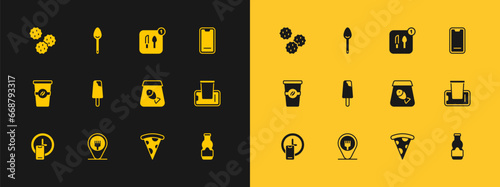 Set Food ordering on mobile, Cafe and restaurant location, Online fish, Slice of pizza, Ice cream, Cookie biscuit and Spoon icon. Vector