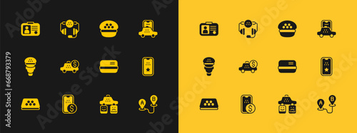 Set Taxi mobile app, Mobile banking, Credit card, service rating, Taximeter device, driver cap, license and call telephone icon. Vector