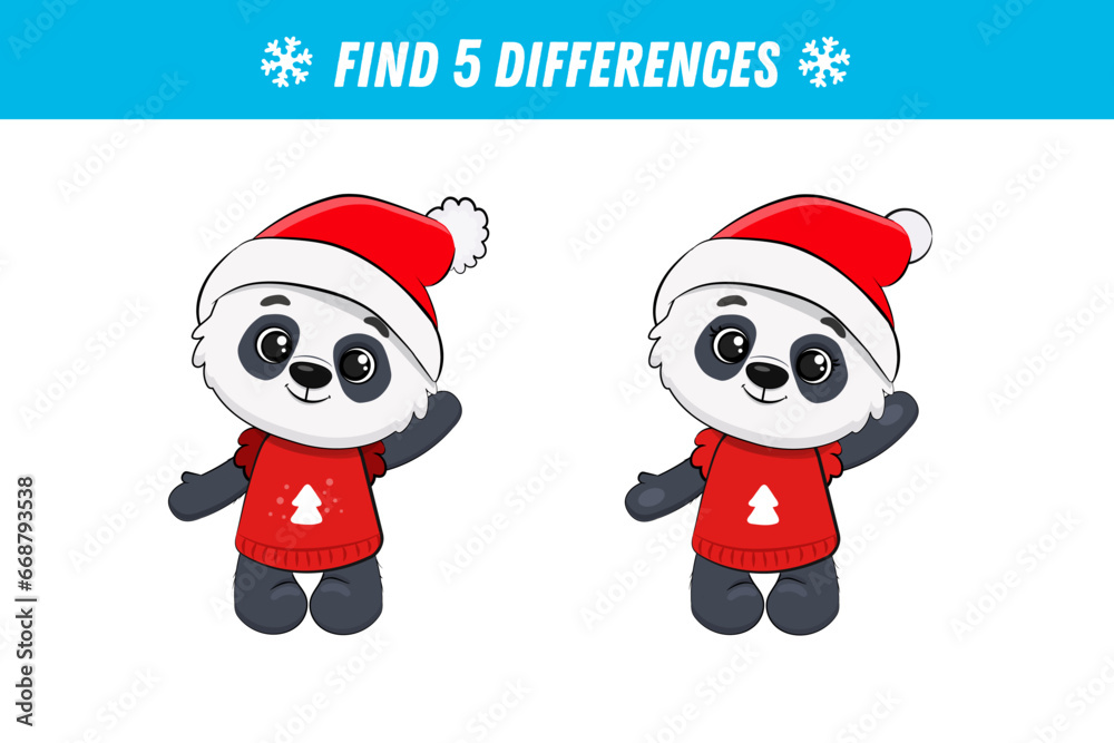 Find five differences between two pictures of cute panda. Cute panda bear. Activity page. Christmas game. Vector Find five differences between two pictures of cute panda. Cute panda bear. Activity page. Christmas game. Vector