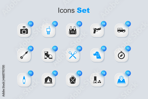 Set Cartridges, Hunter boots, Walkie talkie, Bullet, place, Compass, Photo camera and Burning match with fire icon. Vector