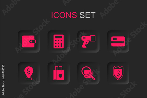 Set Paper shopping bag, Calculator, Wallet, Magnifying glass, Credit card, Shield with dollar, Scanner scanning bar code and Cash location icon. Vector