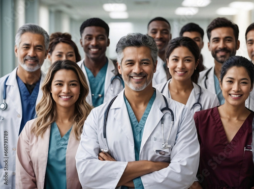 Diverse multiracial, multiethnic medical team of doctors and nurses in the hospital. Group portrait of happy, professional colleagues, healthcare co-workers in clinic. Diversity, equity, inclusion.