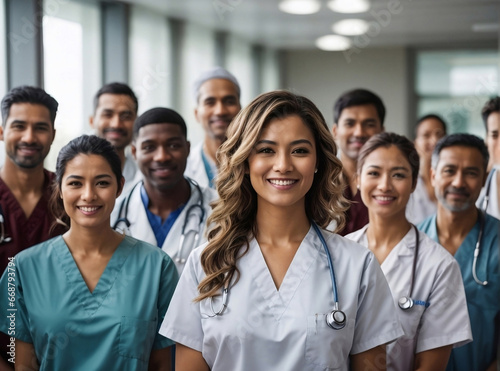 Diverse multiracial, multiethnic medical team of doctors and nurses in the hospital. Group portrait of happy, professional colleagues, healthcare co-workers in clinic. Diversity, equity, inclusion. © Neitiry