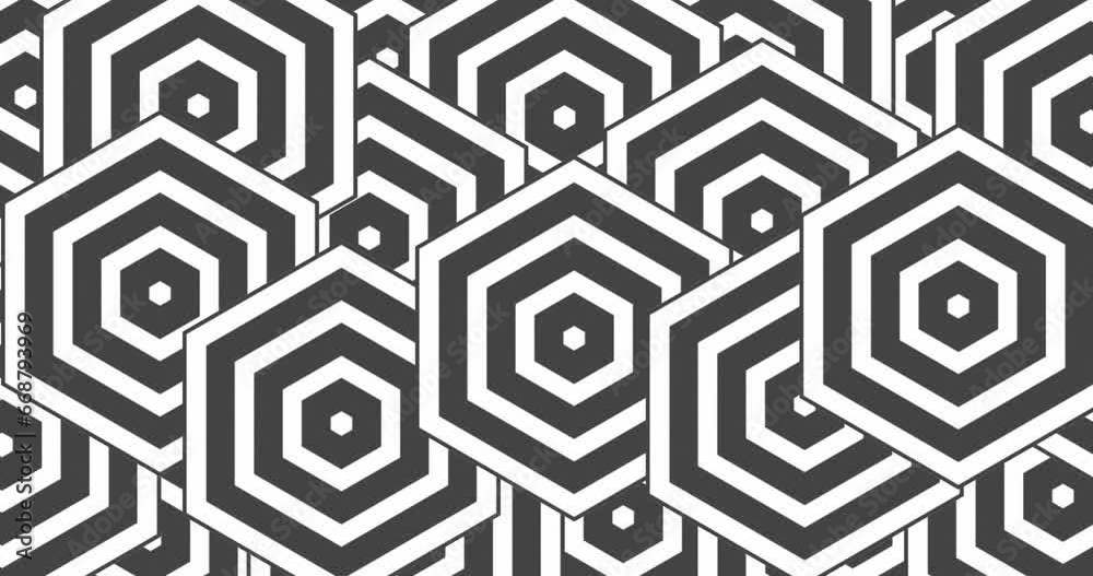 Small hexagonal radiowave arranged and placed randomly to form a pattern grid. Multiple growing polygon radiowave seamless looped motion graphics shape background. Black and white color background. Small hexagonal radiowave arranged and placed randomly to form a pattern grid. Multiple growing polygon radiowave seamless looped motion graphics shape background. Black and white color background.