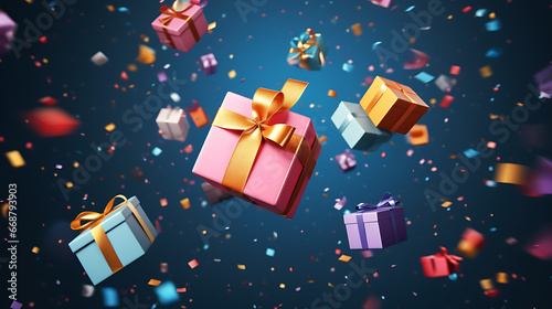 Merry New Year and Merry Christmas. Colourful gift boxes with confetti flying and falling, holiday concept banner