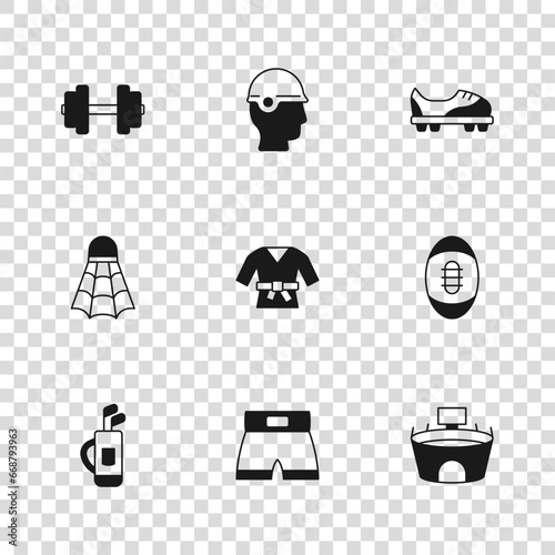 Set Boxing short, American Football ball, Stadium, Kimono, shoes, Dumbbell, Baseball helmet and Badminton shuttlecock icon. Vector