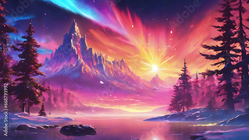 Mystical Aurora Over Mountains: A 2D Illustration of the Cosmic Beauty of the Aurora Borealis © spyduckz
