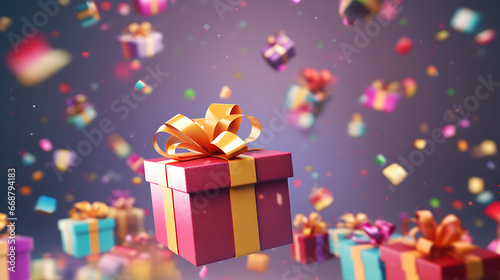 Merry New Year and Merry Christmas. Colourful gift boxes with confetti flying and falling, holiday concept banner © Alin
