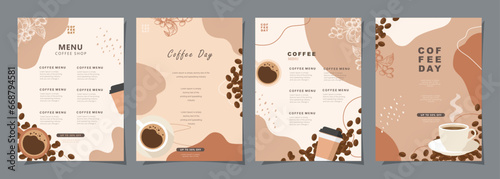 Set of sketch banners with coffee beans and leaves on colorful background for poster, cover, menu or another template design. vector illustration.