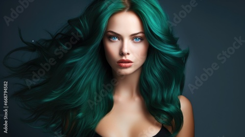 Contemporary female face portrait with long green hair, close-up. Fashion and beauty concept