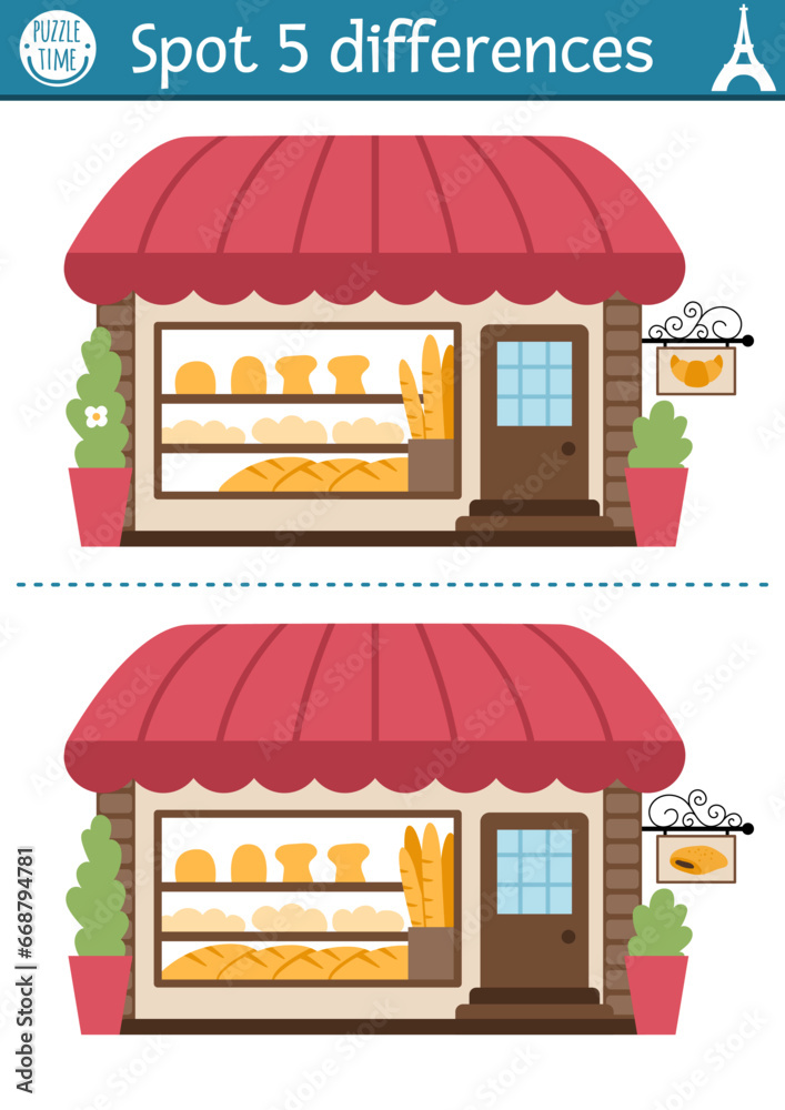 Find differences game for children. Educational activity with cute bakery, croissant, baguette. Puzzle for kids with funny French bread shop. Printable worksheet or page with France symbol.