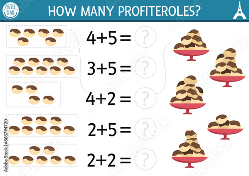 How many profiteroles game. French traditional dessert math addition activity for preschool children. Simple France printable counting worksheet for kids. Funny mathematics page for kids.
