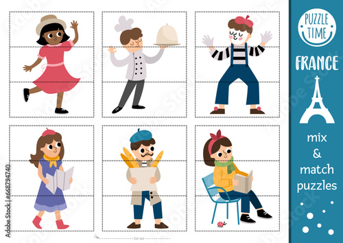 Vector France mix and match puzzle with cute characters. Matching activity for preschool kids with French people. Educational printable game with chef, mime, tourist girl, man with baguette.